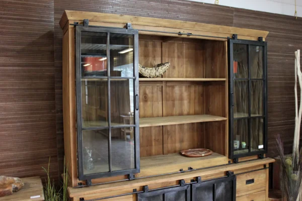 Industrial wooden display cabinet in sturdy brushed old teak with iron sliding doors - TEAK2.