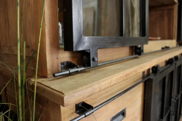 Industrial wooden display cabinet in sturdy brushed old teak with iron sliding doors - TEAK2.