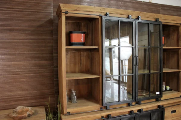 Industrial wooden display cabinet in sturdy brushed old teak with iron sliding doors - TEAK2.